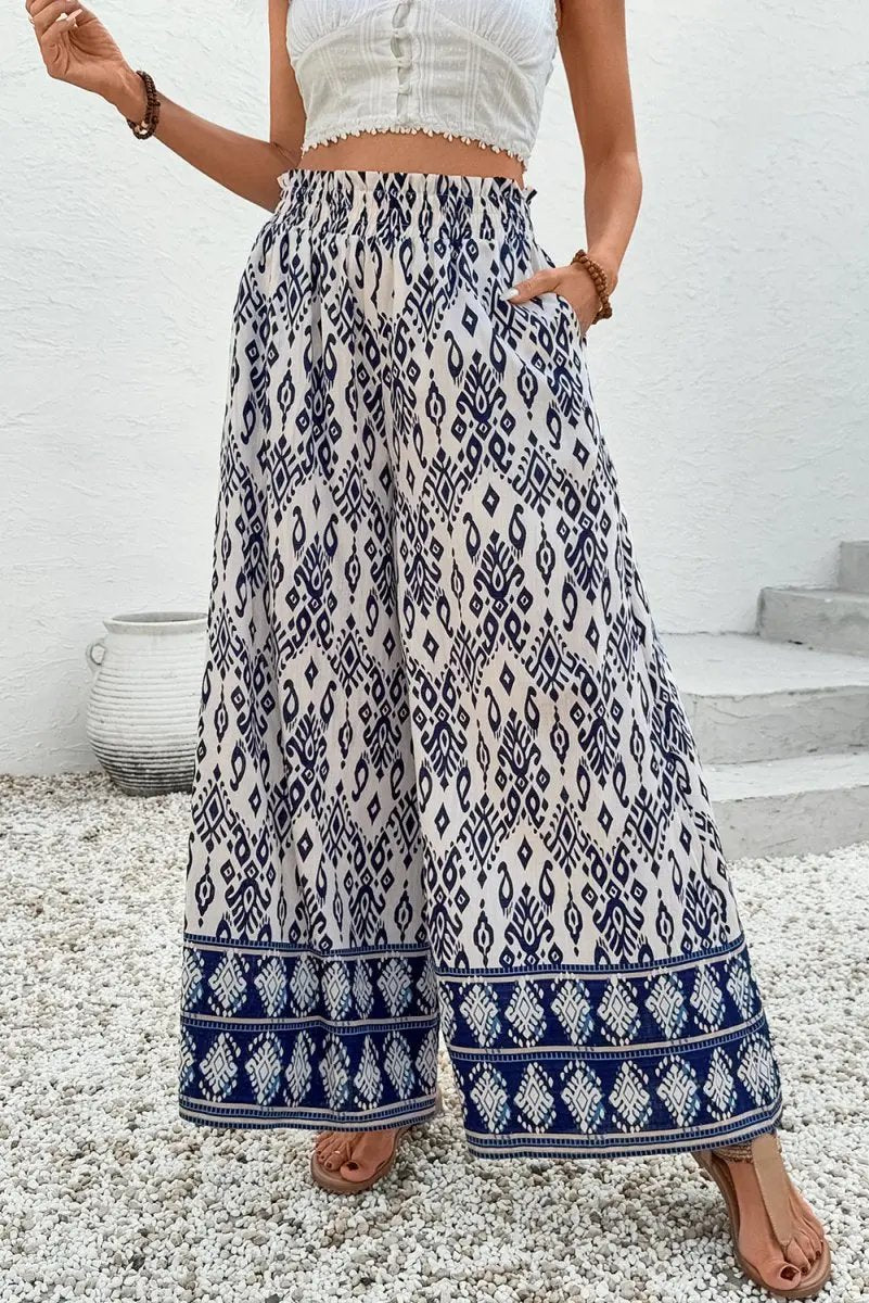 Blue Boho Pattern Print High Waist Wide Leg Loose Pants - Love Salve
